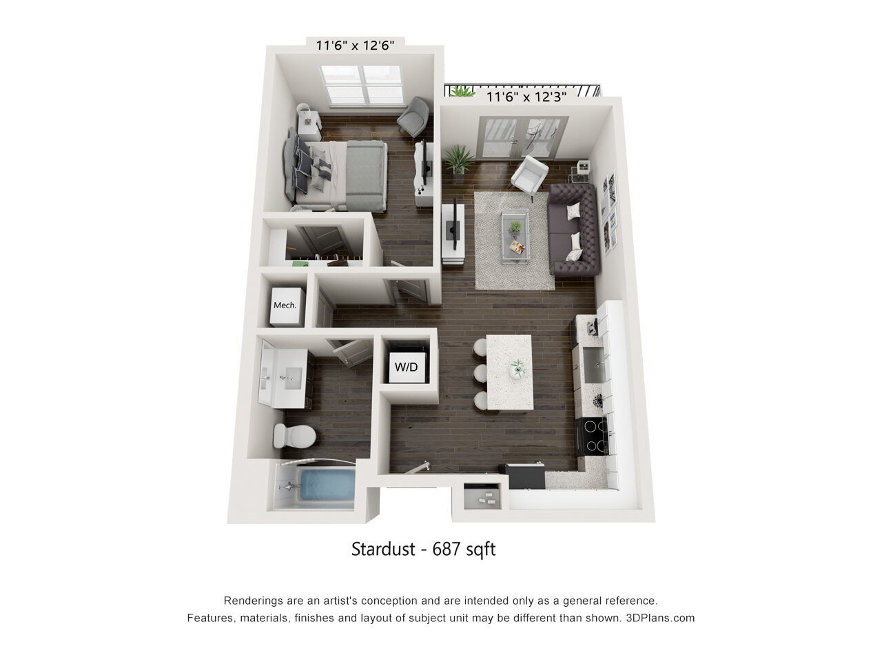 Floor plan for 1 bed, 1 bath, 687 sqft